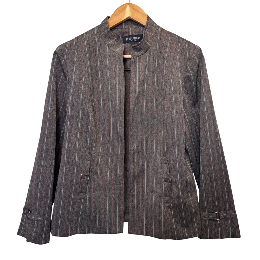 Vtg Perceptions Womens Blazer 12P Brown Pinstripe Buckle Accent Office Academia